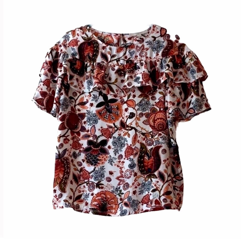 LOFT Multi Color Floral Mixed Ruffle Top S - Picture 3 of 9